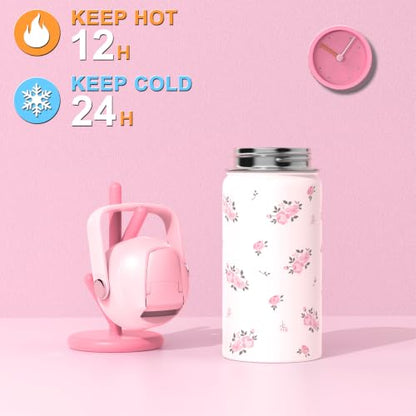 Bevalsa Backpack for Girls, School Bookbag Teen Girls Backpack Set with 14oz Insulated Water Bottle Stainless Steel, Lunch Bag & Pencial Case for Kids Elementary Middle Student (Pink Floral) - color: Pink Flower