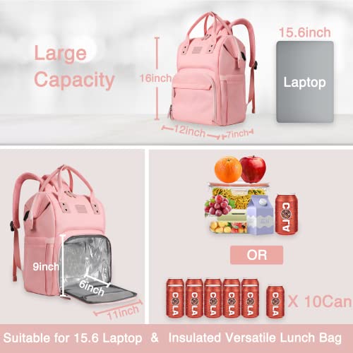 Women's Insulated Laptop Backpack Lunch Cooler Bookbag with USB Port for Women (15.6/14/13 Inch Laptop), Gift For Her - color: Pink-15.6inch