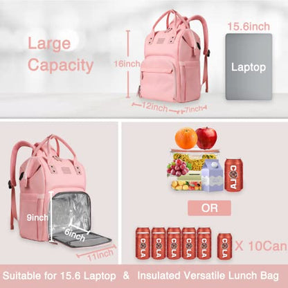 Women's Insulated Laptop Backpack Lunch Cooler Bookbag with USB Port for Women (15.6/14/13 Inch Laptop), Gift For Her - color: Pink-15.6inch