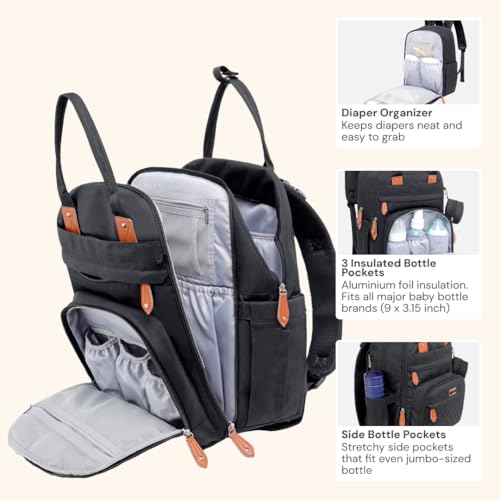 BabbleRoo Diaper Bag Backpack - Baby Essentials Travel Tote - Multi Function Water Resistant Diaper Bag, Travel Essentials Baby Bag with Changing Pad, Stroller Straps & Pacifier Case - Unisex, Black - color: Black, size: Large