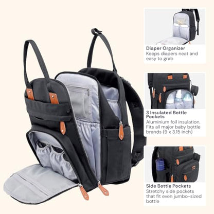 BabbleRoo Diaper Bag Backpack - Baby Essentials Travel Tote - Multi Function Water Resistant Diaper Bag, Travel Essentials Baby Bag with Changing Pad, Stroller Straps & Pacifier Case - Unisex, Black - color: Black, size: Large