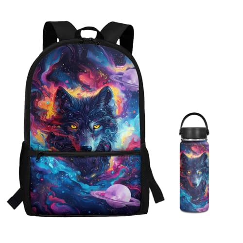 ZOUTAIRONG Bookbag for Teen Girls Mini Thermos with Carry Handle School Bags for Age 7-10/10-12/12-16, Art Galaxy Wolf Print Casual Backpack with Side Pockets - color: Art Galaxy Wolf