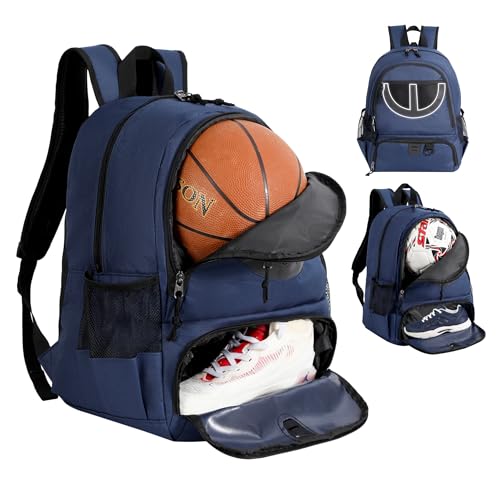 Basketball Bag Backpack for Men Women with Ball & Shoes Compartment 30L Capacity Lightweight Breathable Boys Girls Soccer Ball Bag Backpack Fit Volleyball Football Sports Travel School Gym - color: TK8Navy