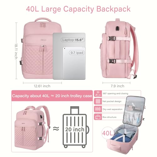 MOSISO 40L Travel Backpack for Women, Rhombus Quilted Flight Approved Carry on Daypack with USB Charging Port&Drawstring Bag, 17-17.3 inch Laptop Backpack for Office Work Travel Essentials, Pink