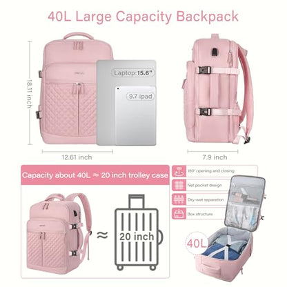 MOSISO 40L Travel Backpack for Women, Rhombus Quilted Flight Approved Carry on Daypack with USB Charging Port&Drawstring Bag, 17-17.3 inch Laptop Backpack for Office Work Travel Essentials, Pink