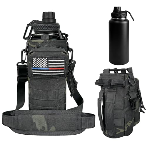 32 oz Insulated Water Bottle Stainless Steel with Sleeve - Military Metal Water Jug, For Gym Workout Hiking, Camo Black Water Bottles Pouch - color: 32oz-Black Camo, size: 32 Ounces
