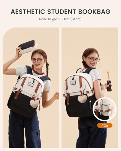 LOVEVOOK School Backpack for Teen Girls, Waterproof Travel College Bookbag for Middle High School with Large Cup Holder & Pencil Case, Fits 15.6'' Laptop, Cute Aesthetic Kids Student Backpack - color: Black Cream Brown