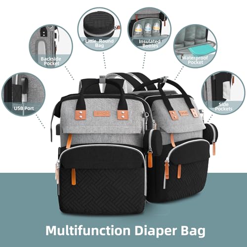 ISMGN Diaper Bag Backpack with Changing Station, Multifunctional Diaper Bag, Extra Large Capacity, Baby Bag, GreyBlack - color: Pure Black