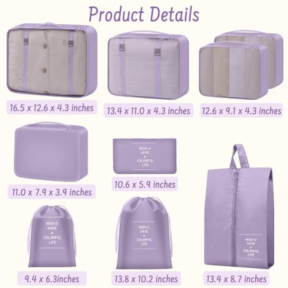 9 Set Packing Cubes for Travel Essentials - Lightweight Carry-On Luggage Organizer Bags with Shoe, Clothes & Laundry Bags for Airplane, Family & Business Travel, Light purple - color: Light purple