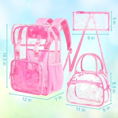 3PCS Pink Clear Backpack, Heavy Duty Transparent Bookbag for Girls Women, Stadium Approved See Through Backpack Set (Pink Love) - color: Pink Love