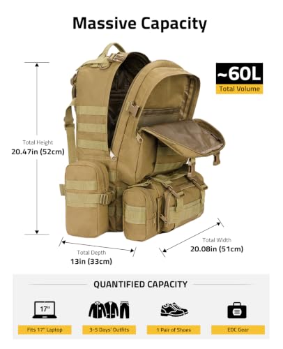 CVLIFE Tactical Backpack Military Army Rucksack 60L Large Assault Pack Detachable Molle Bag - color: Tan