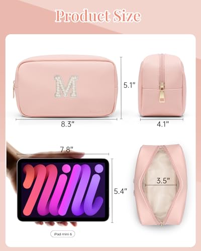 VLANDO Travel Gifts for Women Cute Initial Makeup Bag Graduation Gifts for Teen Personalized Birthday Gifts Idea for Women Teacher Bridesmaid Best Friend Mom,Letter M - color: 03-Pink-M