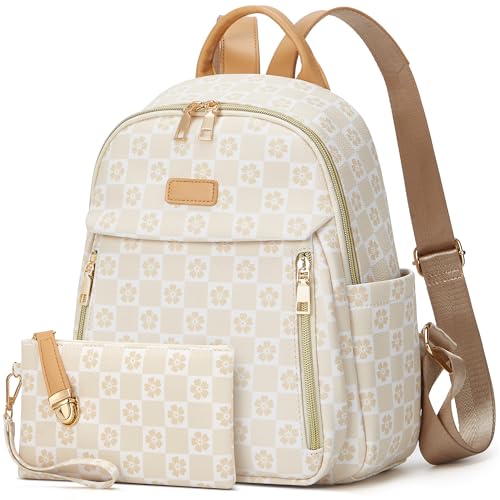 Makes Mini Backpack for Women, Stylish Daypack Purse Handbag Small Casual Daily Travel Bag, Lady Girls Gifts for Work School, 2pcs Sets - color: Checkered Beige