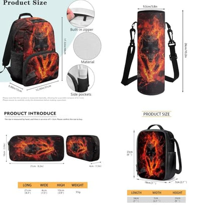 JEOCODY Cool Fire Wolf Kids Boobag Boys Girls Backpack with Lunch Box and Pencil Case Water Bottle Holder 4 PCS Accessories for Teens Back to School Supplies - color: Cool Fire Wolf Patterns
