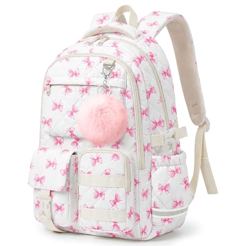 Quilted Backpack for Teen Girls, Cute Pink Bow School Backpack with Multi-Pocket Design, Lightweight Cotton Bookbag Fits 15.6" Laptop, Large Capacity Aesthetic Backpack with Plush Charm - color: Pink Bow