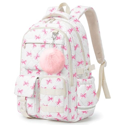Quilted Backpack for Teen Girls, Cute Pink Bow School Backpack with Multi-Pocket Design, Lightweight Cotton Bookbag Fits 15.6" Laptop, Large Capacity Aesthetic Backpack with Plush Charm - color: Pink Bow