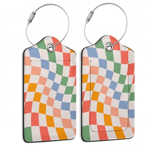Checkered Luggage Tag,Colorful Retro Wavy Luggage Tags of Set 2 Leather Identifiers Privacy Cover with Stainless Steel Loop for Women Men Travel Bag Suitcase - color: Colorful Checkered Abstract Retro Wavy