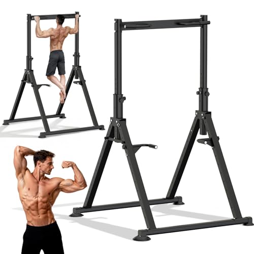 Tappio Folding Power Tower Dip Station Pull Up Bar, Multifunctional Pull Up Tower Adjustable Height, Triangular Structure Strength Training Workout Equipment for Home Gym Fitness