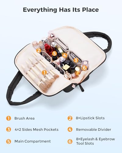 Wandering Nature Standing Makeup Bag for Travel, Portable Fold-down Cosmetic Organizer, Puffer Open Make Up Pouch with Handle & Divider & Brush Holder, Easy Clean Toiletry Bag with EVA Lining - color: A2: Black