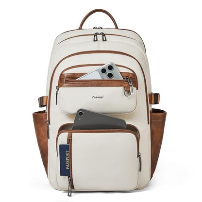 Vegan Leather Backpack, TSA Travel Backpack for Men and Women, Fits 17.0 Inch Laptop with Luggage Strap, Beige - color: Beige
