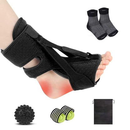 Plantar Fasciitis Night Splint with Massage Ball, Arch Pads & Socks, Adjustable Foot Brace for Achilles Tendonitis, Heel Spur, Foot Drop Relief – Lightweight Night Splint for Men and Women - color: Black
