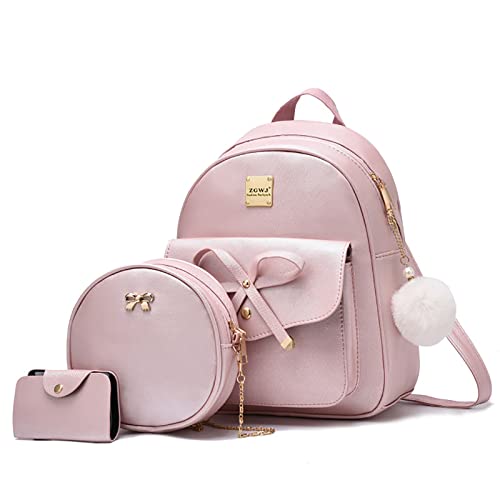ZGWJ Mini Backpack Purse for Women - 3-Piece Set, Small PU Leather Bowknot Fashion Backpacks, Cute Casual Travel Daypacks - color: Pink-3pcs