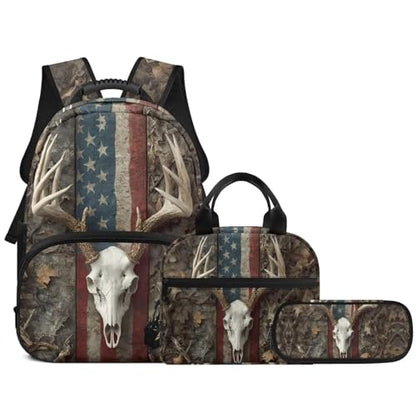 3pcs School Backpack Set With Lunch Box Pencil Case, Skull Deer 17 Inch Large Capacity Bookpacks 3 In 1 Set For Boys Girls - color: Skull Deer