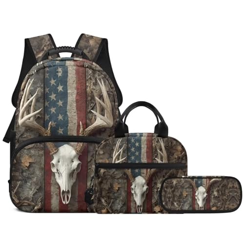 3pcs School Backpack Set With Lunch Box Pencil Case, Skull Deer 17 Inch Large Capacity Bookpacks 3 In 1 Set For Boys Girls - color: Skull Deer