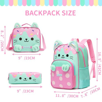School Backpack for Girls,Cute Cat Kids Bookbag 3PCS Set with Lunch Bag Pencil Case,Elementary Girls Backpack for School,Lightweight Travel Daypack - color: Green Pink Cat
