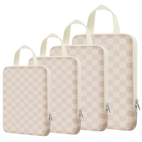 4 Set Expandable Compression Packing Cubes for 3–7 Day Travel, Solid & Plaid Fabric Travel Organizers, Double-Zipper Storage Bags for Carry-On & Suitcases(4set-Cream Beige) - color: Cream Beige Checkerboard, size: 4 set