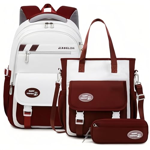 VIDOSCLA 3Pcs Teen Girls' Backpack Set Middle School Students Bookbag Outdoor Teen Boys Bookbag - color: A4 #Wine Red-tuition Kit Set