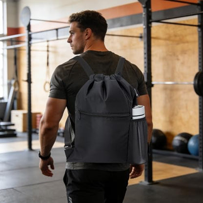 HOLYLUCK Men & Women Outdoor Sport Gym Sack Waterproof Drawstring Backpack Bag (Standard with width webbing, Black-1) - color: Black-1, style: Standard With Width Webbing