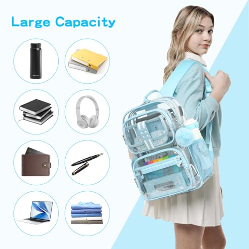 Cusangel Clear Backpack for School,16in Heavy Duty Clear BookBag,TPU Large Capacity Black See Through backpack for Stadiums,Concerts,Plastic transparente para mujer for 8Age+ - color: Aqua Clear 16in