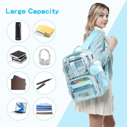 Cusangel Clear Backpack for School,16in Heavy Duty Clear BookBag,TPU Large Capacity Black See Through backpack for Stadiums,Concerts,Plastic transparente para mujer for 8Age+ - color: Aqua Clear 16in