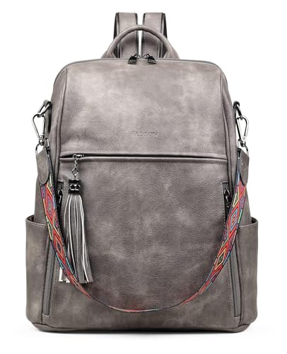 FADEON Leather Backpack Purse for Women Designer Travel Backpack Purses PU Fashion Ladies Shoulder Bag with Tassel - color: 1 Dark Grey Retro Style