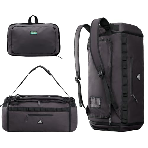 Haimont Duffel Backpack Bag 50L Water Repellent Sports Gym Bag Foldable Men Women with Shoe Compartment for Travel Hiking Camping Outdoor, Upgrade, Dark Grey - color: Army Grey