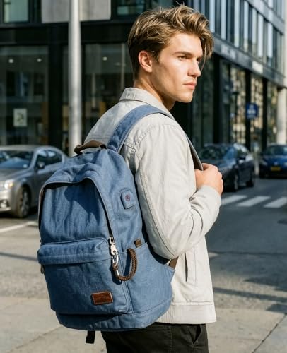 Muzee Canvas Backpack for Women and Men, Lightweight Classic Laptop Backpack with USB Charging Port for College, Travel and Daily Use(Denim blue) - color: Denim Blue