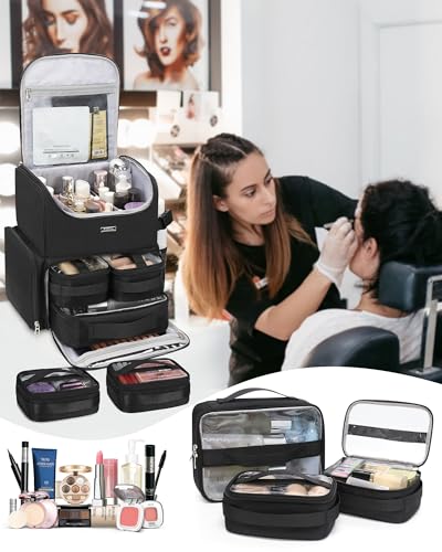 Relavel Makeup Backpack Large Bag with 5 Clear Set Bags, Dual Layer Professional Cosmetic Organizer Travel Train Case Makeup Artist Kit with Adjustable Dividers & Easy to Clean Lining, Black - color: Black with 2 extra clear bags, size: Large