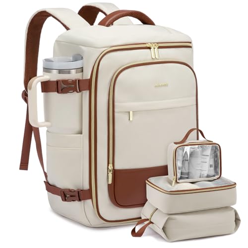 LOVEVOOK 40L Travel Backpack Carry on Flight Approved, Personal Item Bag with 3 Packing Cubes, Travel Backpack for Women Fits 17" Laptop, Water-resistant Carry On Bag for Airplanes - color: White & Brown, size: 40L-4PCS