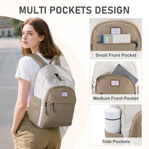 Kasqo School Backpack,Water Resistant Middle High School Bookbag for Teens Girls Boys School Bag Casual Women Men Daypack for Travel College White Khaki - color: White Khaki