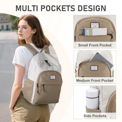Kasqo School Backpack,Water Resistant Middle High School Bookbag for Teens Girls Boys School Bag Casual Women Men Daypack for Travel College White Khaki - color: White Khaki