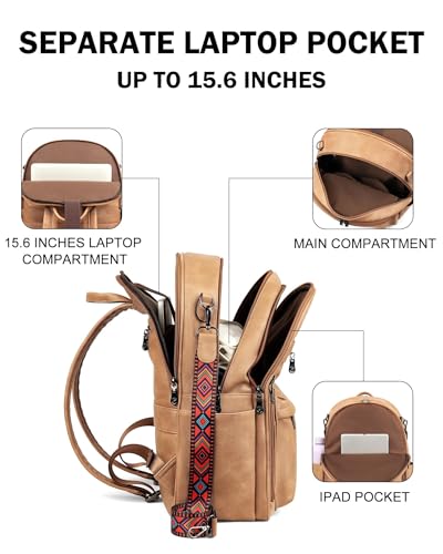 FADEON 15.6 inch Laptop Backpack Purse for Women Designer PU Leather Computer Backpacks Fashion for Work Travel Camel Brown - color: Camel Brown Retro Style