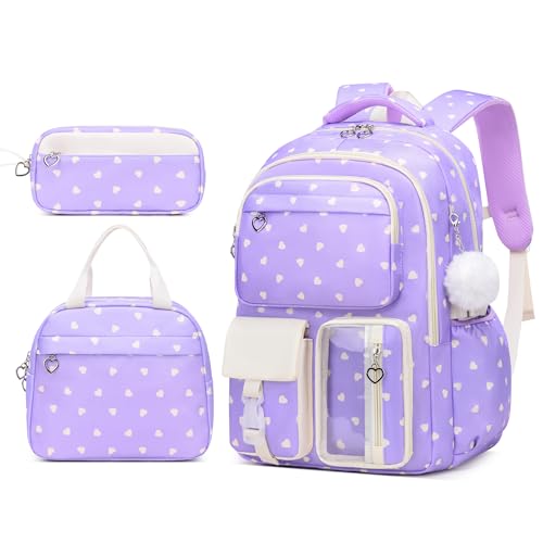 3PCS Kids Backpack Set, School Backpack with Lunch Bag & Pencil Case, Lightweight Waterproof Bookbag for Kids (Purple Heart) - color: Purple Heart