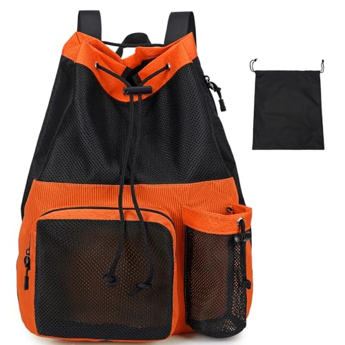 Lohol Large Mesh Drawstring Backpack with Shoe Bag, Durable Swimming String Sack with Handle for Sports Gym Yoga Beach Travel - color: Orange