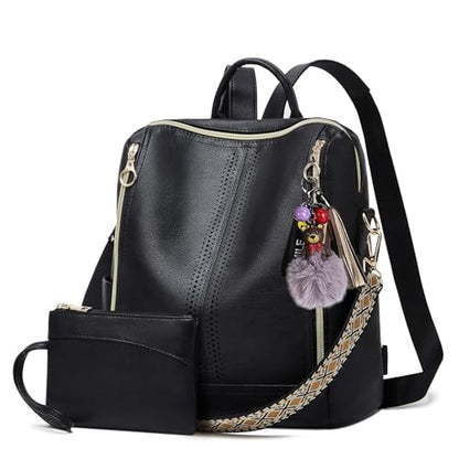 Makes Backpack Purse for Women PU Leather Travel Satchel Handbag Convertible Design Bag with Purse - color: Black Quadruple Zipper