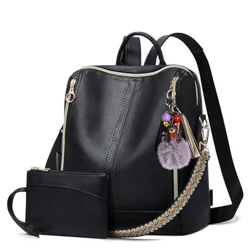 Makes Backpack Purse for Women PU Leather Travel Satchel Handbag Convertible Design Bag with Purse - color: Black Quadruple Zipper