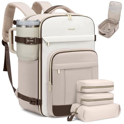 LOVEVOOK 40L Travel Backpack for Women & Men - 17.3 Inch Carry On Backpack & Personal Item Backpack for Airlines, Spacious and Durable Design, with 3 Packing Cubes - color: Light Khaki-beige-coffee, size: Large-40L-4Pcs