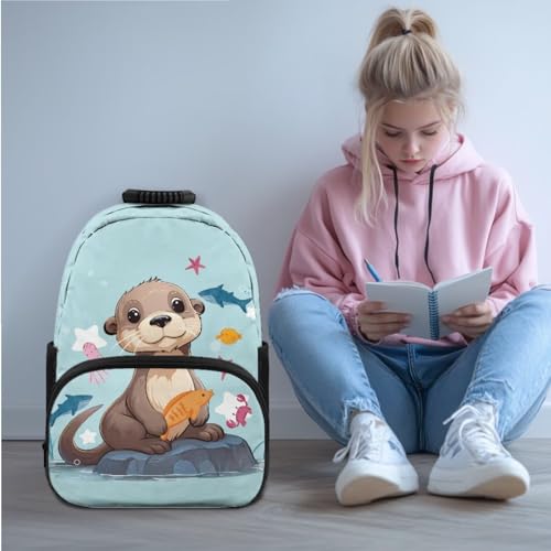 JEOCODY Cute Sea Otter Backpack for Girls Kids School Bag with Lunch Bag Pencil Case and Water Bottle Holder Casual Daypack for Travel Hiking, Back to School Accessories - color: Blue Sea Otter