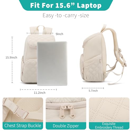 NOL Natural Organic Lifestyle Women's Quilted Puffer Backpack, Large Waterproof Lightweight Puffy Bookbag, Carry on Daypack for Travel, Work (Cream) - color: Cream