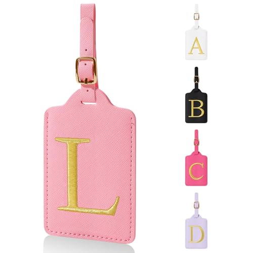Personalized Initial Luggage Tags for Suitcases,Leather Letter Cute Luggage Tags with Privacy Name Card,Embroidered Monogrammed Travel Bag Backpack Tag Gifts for Women Kids Girls Teens(Pink-L) - color: Pink, size: L